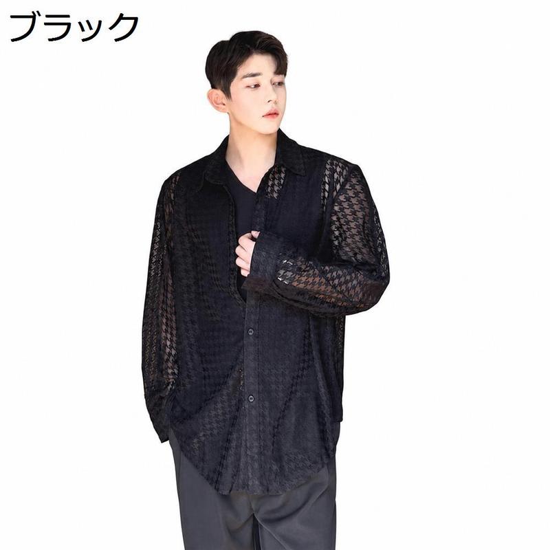 【美品】melange メラーンジュ　シアー　シースルー　長袖　シャツ　ブラック シアーシャツ メンズ 長袖 カジュアル 千鳥格子 襟付き シースルー
