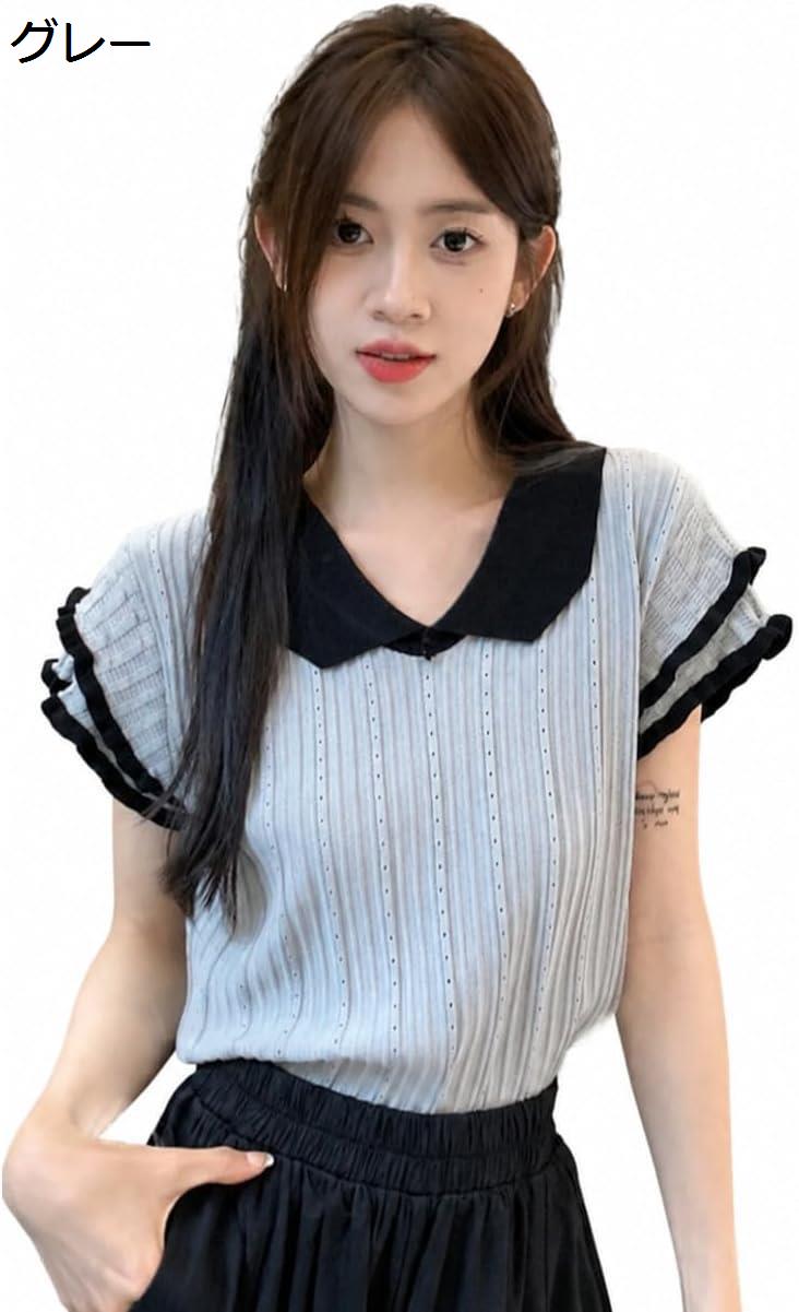 サマーニット レディース 半袖 襟付き フリル袖 きれいめ ポロシャツ