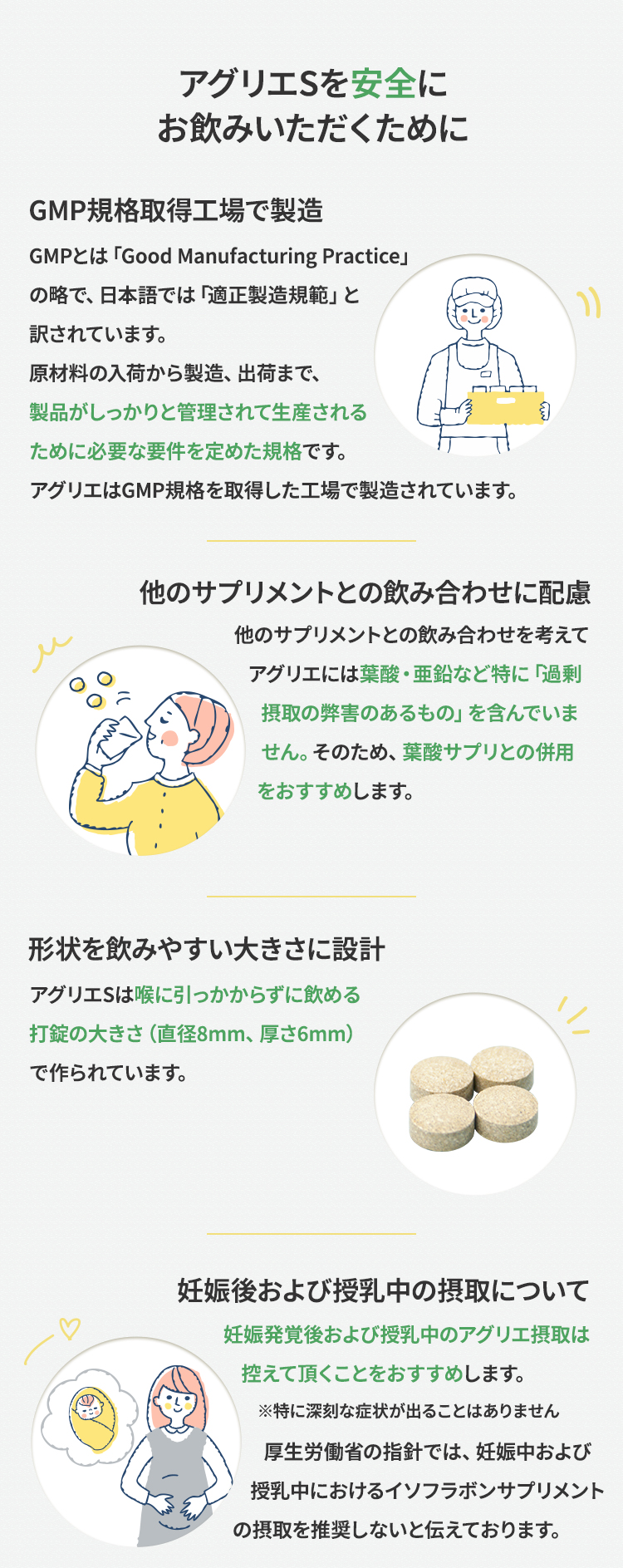 アグリエSを安全にお飲みいただくためにGMPとは「Good Manufacturing Practice」の略で、日本語では「適正製造規範」と訳されています。原材料の入荷から製造、出荷まで、製品がしっかりと管理されて生産されるために必要な要件を定めた規格です。アグリエはGMP規格を取得した工場で製造されています。アグリエSは他のサプリメントとの飲み合わせに配慮他のサプリメントとの飲み合わせを考えて、アグリエSには葉酸・亜鉛など、特に「過剰摂取の弊害のあるもの」を含んでいません。そのため、葉酸サプリとの併用をおすすめします。アグリエの形状を飲みやすい大きさに設計アグリエは喉に引っかからずに飲める打錠の大きさ（直径8mm、厚さ6mm）で作られています。妊娠後および授乳中のアグリエ摂取について妊娠発覚後および授乳中のアグリエS摂取は控えて頂くことをおすすめします。（※特に深刻な症状が出ることはありません）厚生労働省の指針では、妊娠中および授乳中におけるイソフラボンサプリメントの摂取を推奨しないと伝えております。