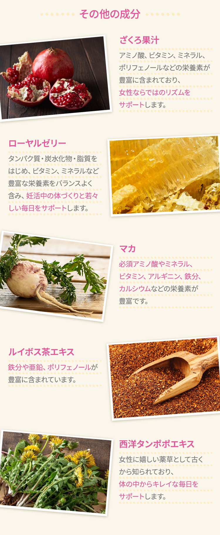 その他の成分ザクロ果汁アミノ酸、ビタミン、ミネラル、ポリフェノールなどの栄養素が豊富に含まれており、女性ならではのリズムをサポートします。ローヤルゼリータンパク質・炭水化物・脂質をはじめ、ビタミン、ミネラルなど豊富な栄養素をバランスよく含み、妊活中の体づくりと若々しい毎日をサポートします。マカ必須アミノ酸やミネラル、ビタミン、アルギニン、鉄分、カルシウムなどの栄養素が豊富です。ルイボス茶エキス鉄分や亜鉛、ポリフェノールが豊富に含まれています。西洋タンポポエキス女性に嬉しい薬草として古くから知られており、体の中からキレイな毎日をサポートします。