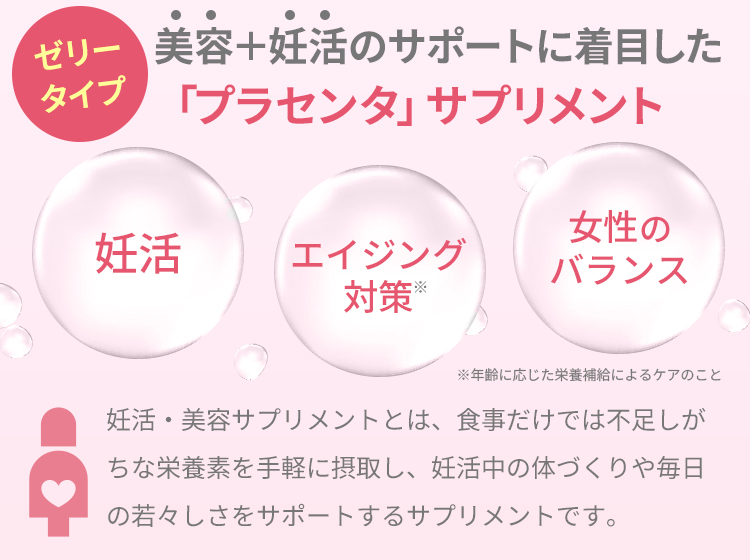 美容と妊活のサポートに着目した「プラセンタ」サプリメント。妊活 エイジング対策（年齢に応じた栄養面によるケア）女性のバランス