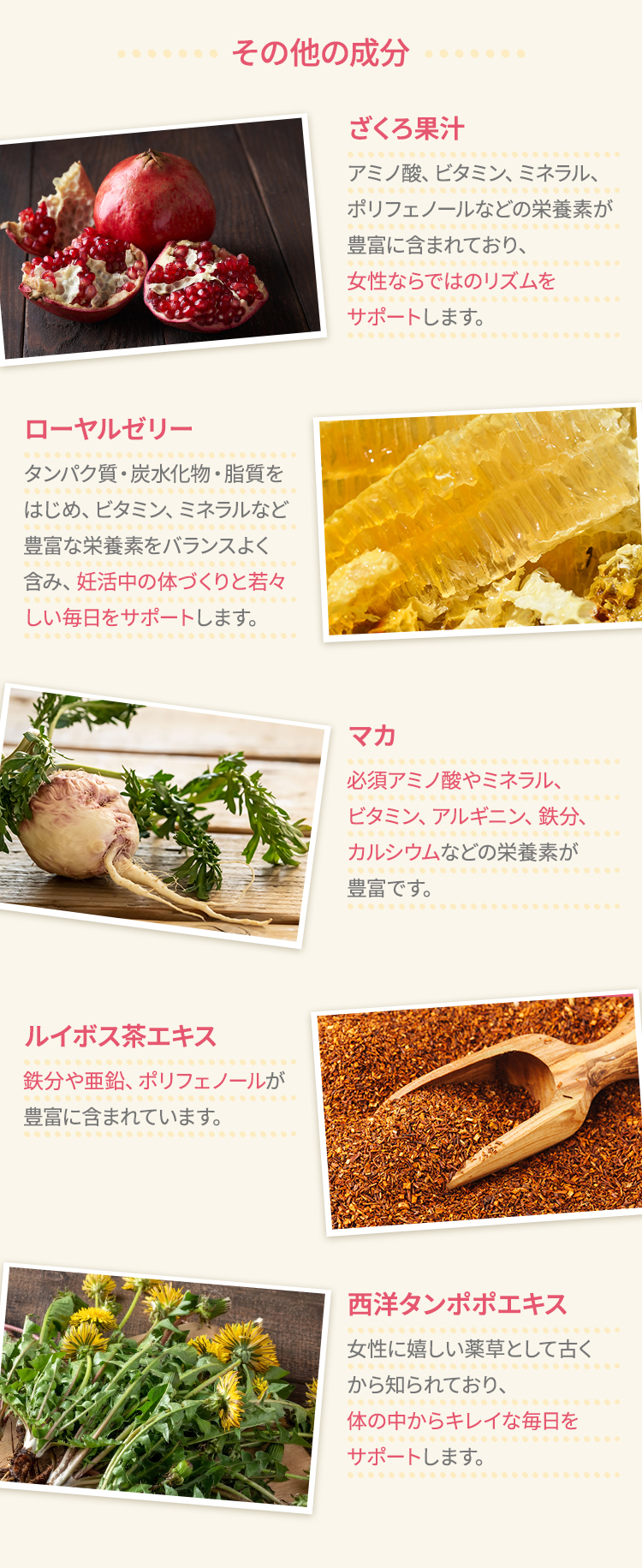 その他の成分 ざくろ果汁 アミノ酸、ビタミン、ミネラル、ポリフェノールなどの栄養素が豊富に含まれており、女性ならではのリズムをサポートします。マカ 必須アミノ酸やミネラル、ビタミン、アルギニン、鉄分、カルシウムなどの栄養素が豊富です。ローヤルゼリー タンパク質・炭水化物・脂質など豊富な栄養素をバランスよく含んでいます。ルイボス茶エキス 鉄分や亜鉛、ポリフェノールが豊富に含まれています。西洋タンポポエキス 女性に嬉しい薬草として古くから知られており、体の中からキレイな毎日をサポートします。
