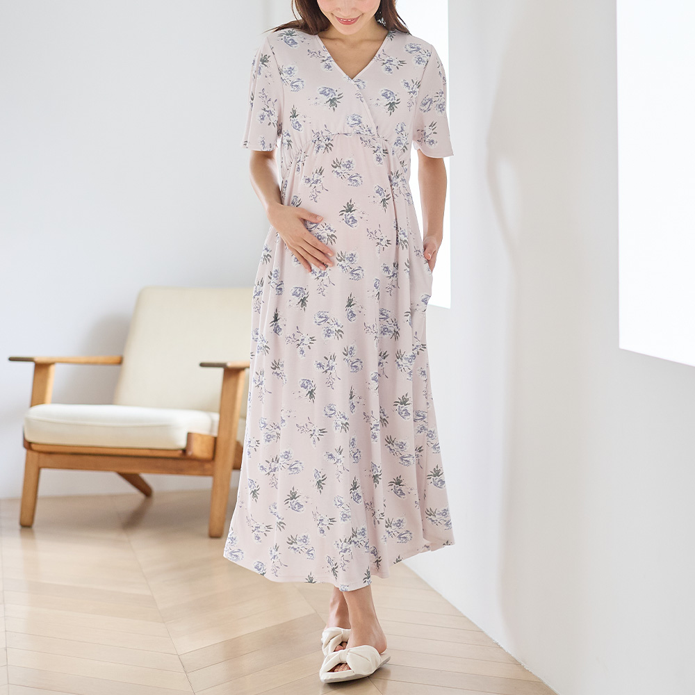 マタニティ パジャマ ワンピース 半袖 スムース カシュクール パッド付 フレアスリーブ ネグリジェ 花柄 無地 授乳服 リンクコーデ エンジェリーベの画像