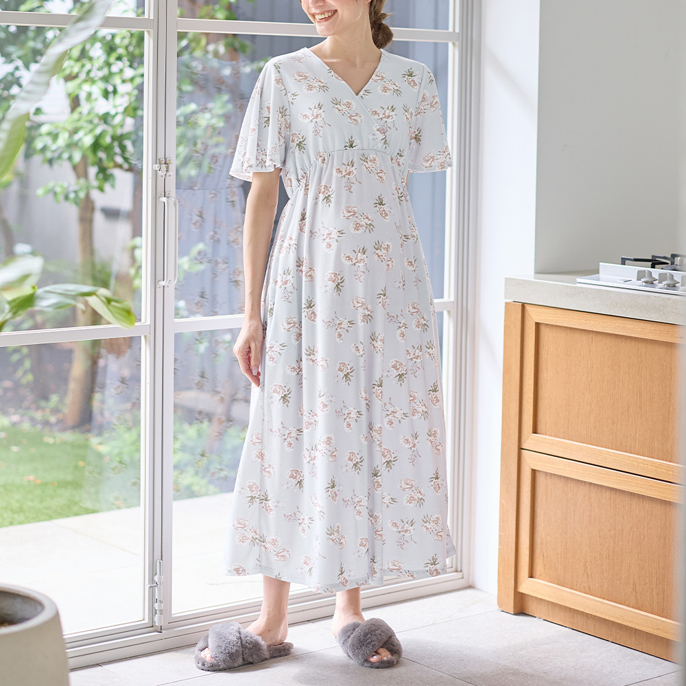 マタニティ パジャマ ワンピース 半袖 スムース カシュクール パッド付 フレアスリーブ ネグリジェ 花柄 無地 授乳服 リンクコーデ エンジェリーベの画像