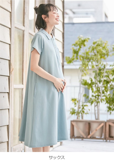 ANGELIEBE マタニティ ワンピース 半袖 ポロ 授乳服 ひざ下丈