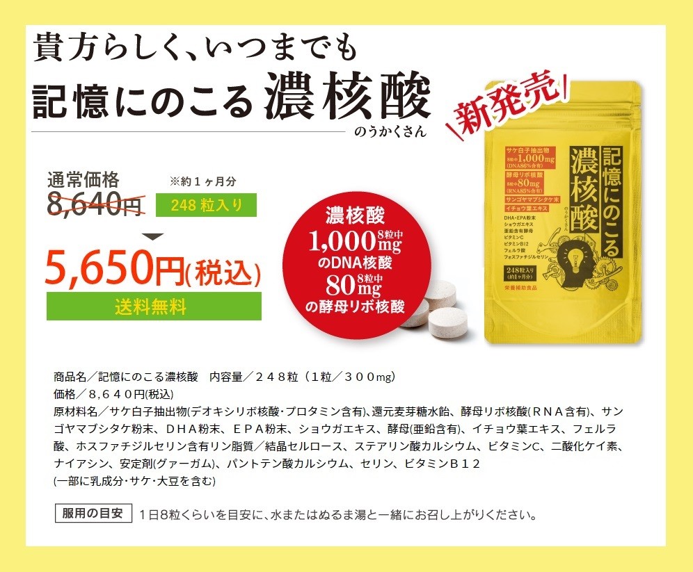 記憶にのこる濃核酸（のうかくさん）送料無料!! 核酸 DNA/RNA/ヤマブシタケ/DHA/EPA/イチョウ葉/フェルラ酸 　 核酸サプリ・しっかり増量320粒入（約40日分）