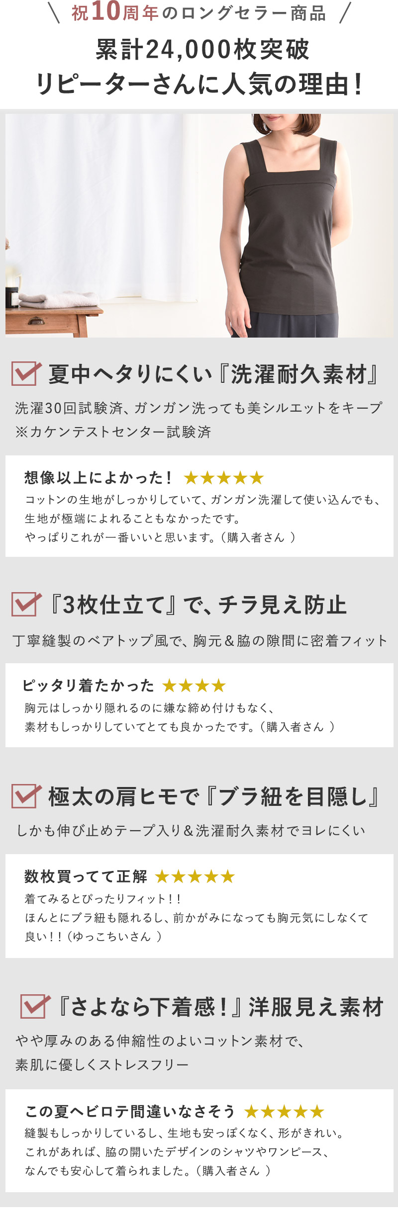 チラ見えを防ぐ スクエア タンクトップ 【滑らかコットン素材】ブラ紐 