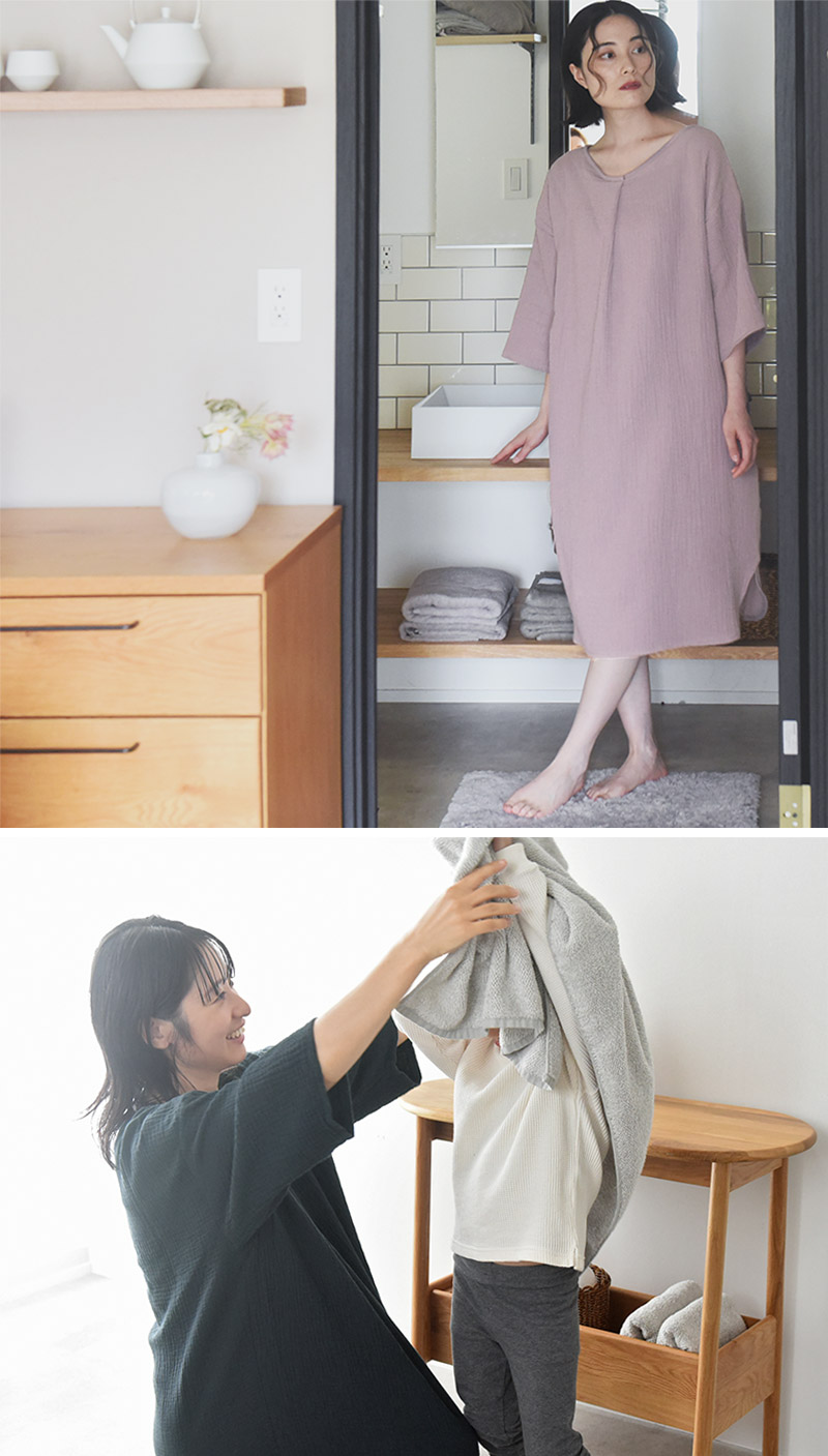 bon moment（ボンモマン） 7分袖 湯上りワンピース 3重ガーゼ 綿100