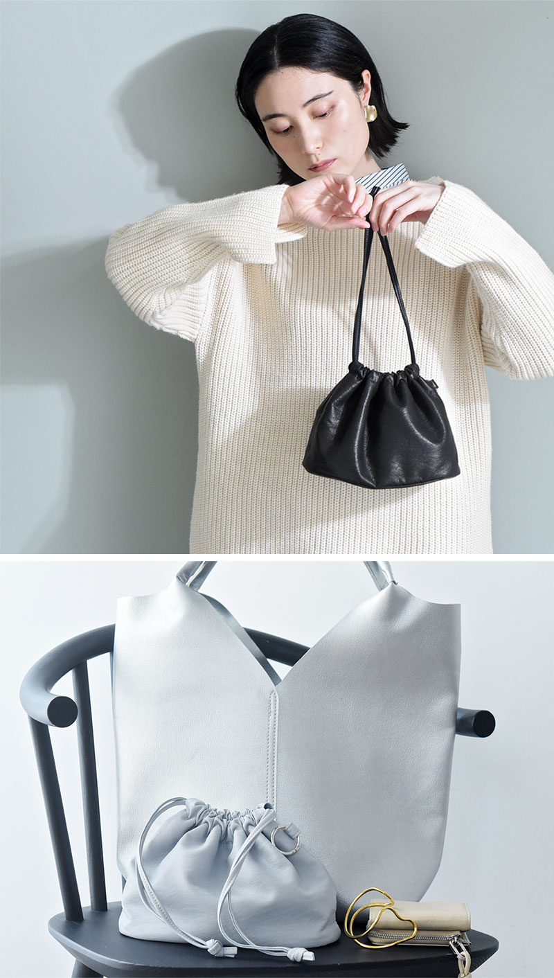 バッグとして使える フェイクレザー 巾着ポーチ／kauliina