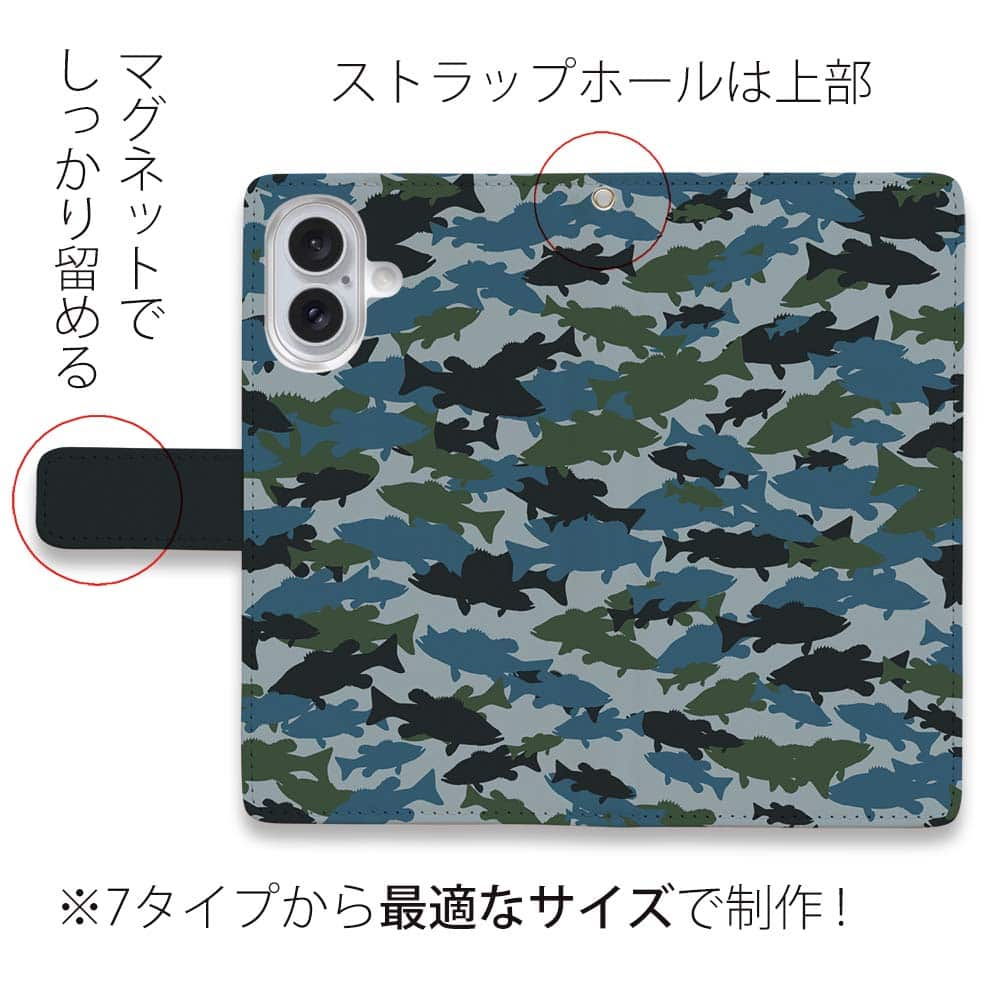 スマホケース 手帳型 ブラックバス 迷彩大柄6 釣り ルアー 魚 迷彩