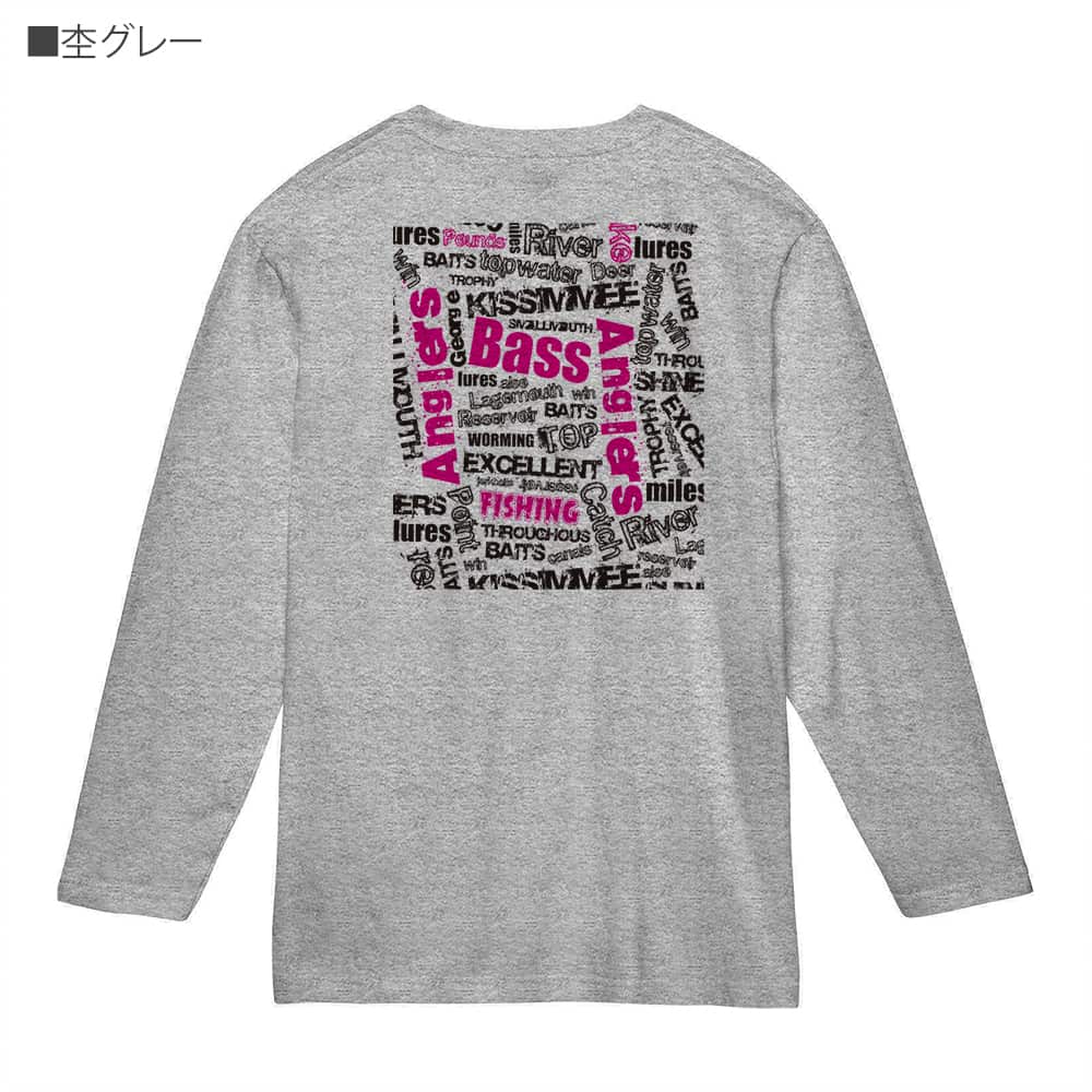グレー 長袖Tシャツ ピンクプリント 釣り Tシャツ 長袖 BASS テキストデザイン ピンク メンズ レディース