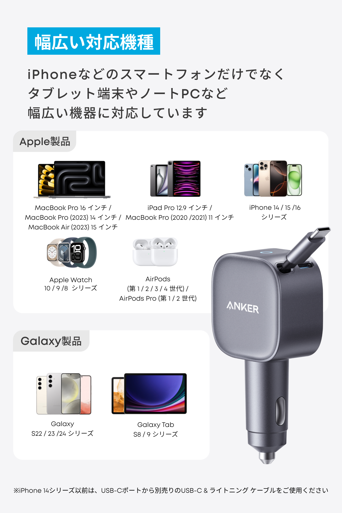 Anker Nano Car Charger (75W, 巻取り式 USB-Cケーブル) iPhone