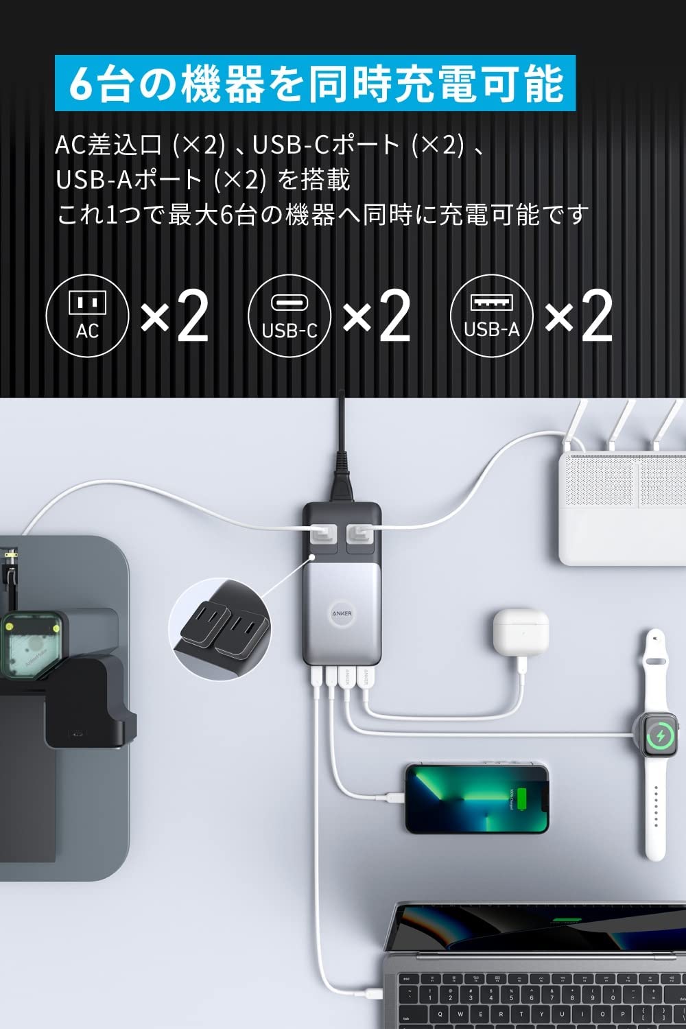 Anker 727 Charging Station (GaNPrime 100W) (6-in-1 充電ステーション) 独自技術Anker  GaNPrime採用/コンセント差込口 2口 / USB-C 2ポート