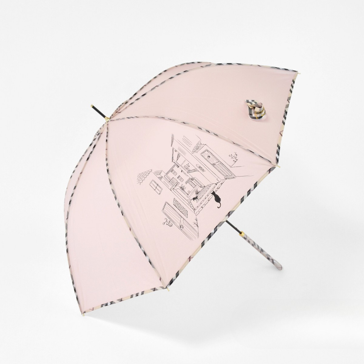 MKN 長傘 60cm ワンタッチジャンプ雨傘 チェックパイピングと猫 : 雑貨