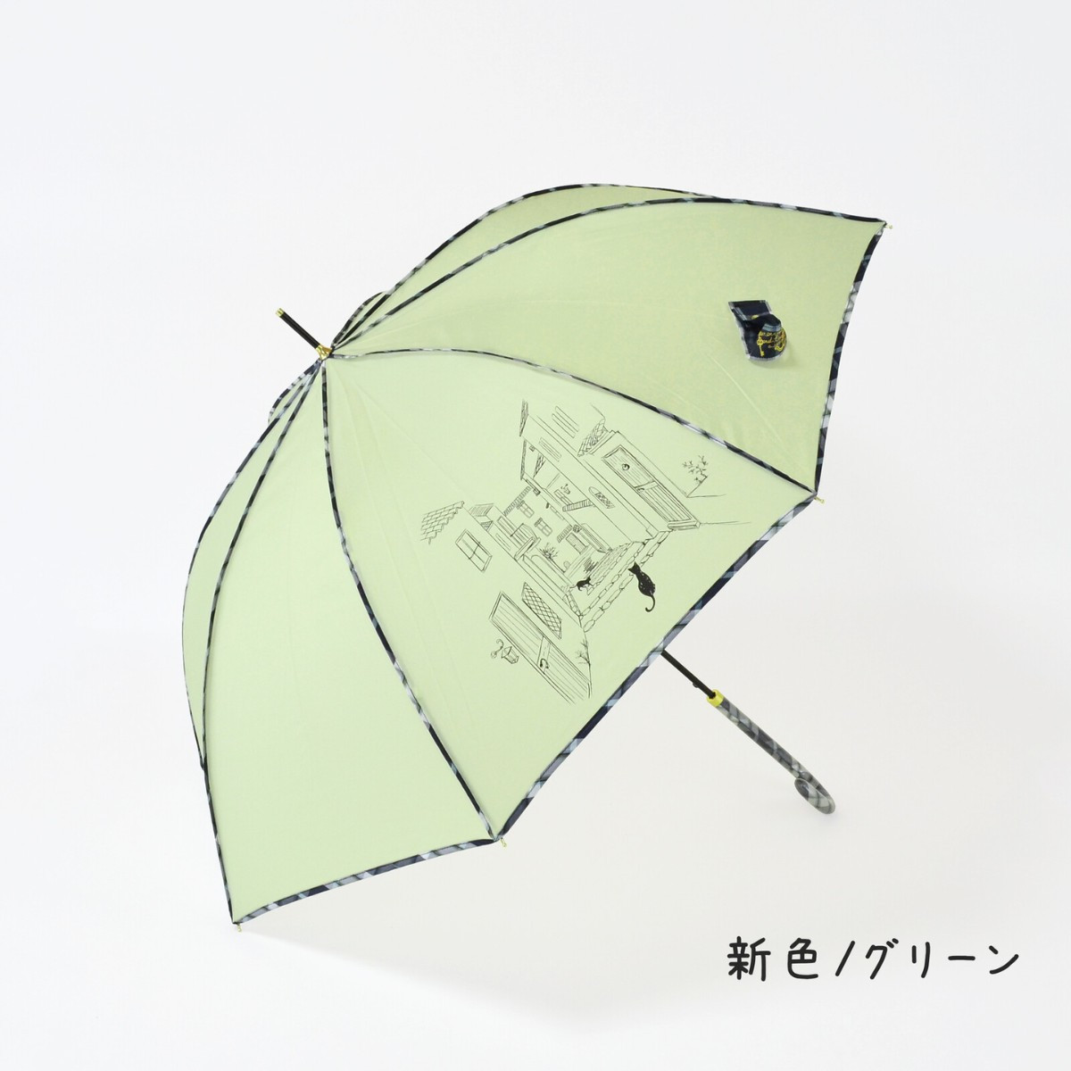 MKN 長傘 60cm ワンタッチジャンプ雨傘 チェックパイピングと猫