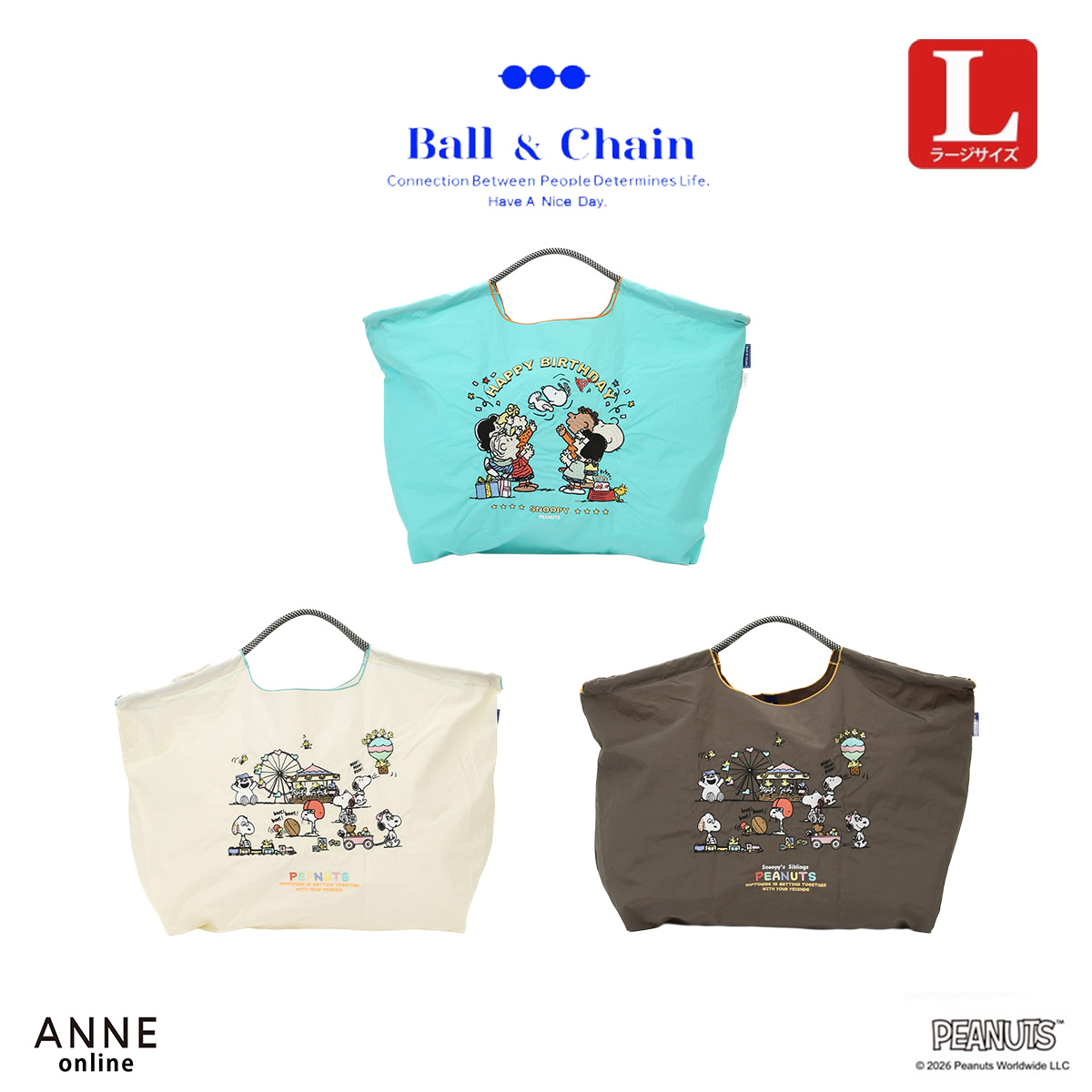 【Ball＆Chain/ボールアンドチェーン】2026 PEANUTS (L) 刺繍エコバッグ