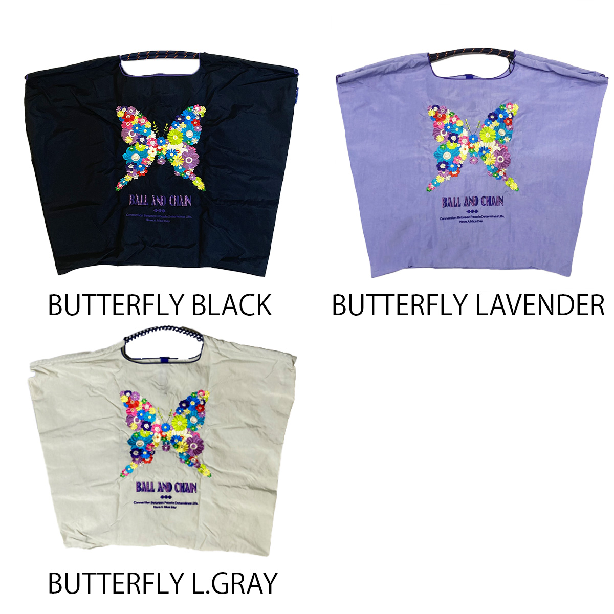 【Ball＆Chain/ボールアンドチェーン】BUTTERFLY (L) 刺繍エコバッグ