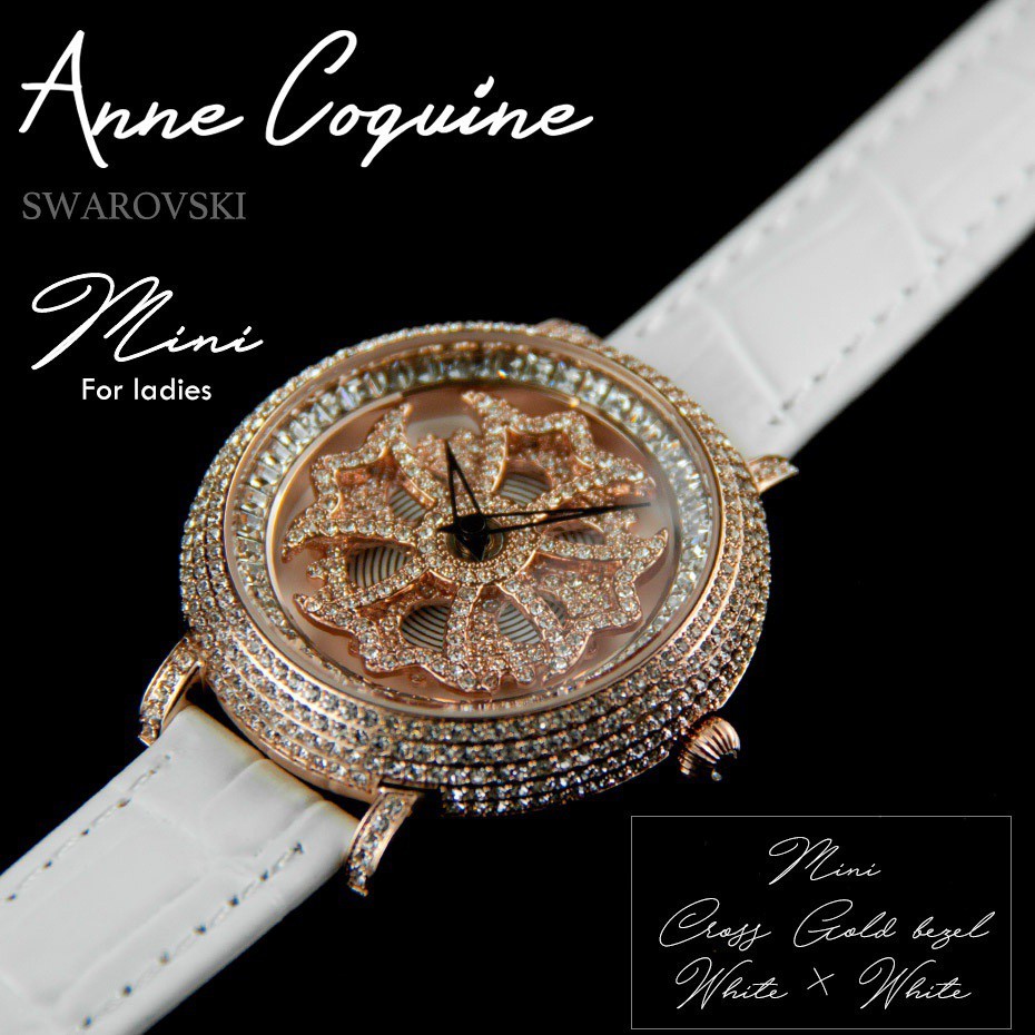 腕時計 時計 アンコキーヌ AnneCoquine レディース ミニクロスゴールドベゼル ホワイト 1206-0101 革 ブランド 高級  クリスタルストーン プレゼント ギフト