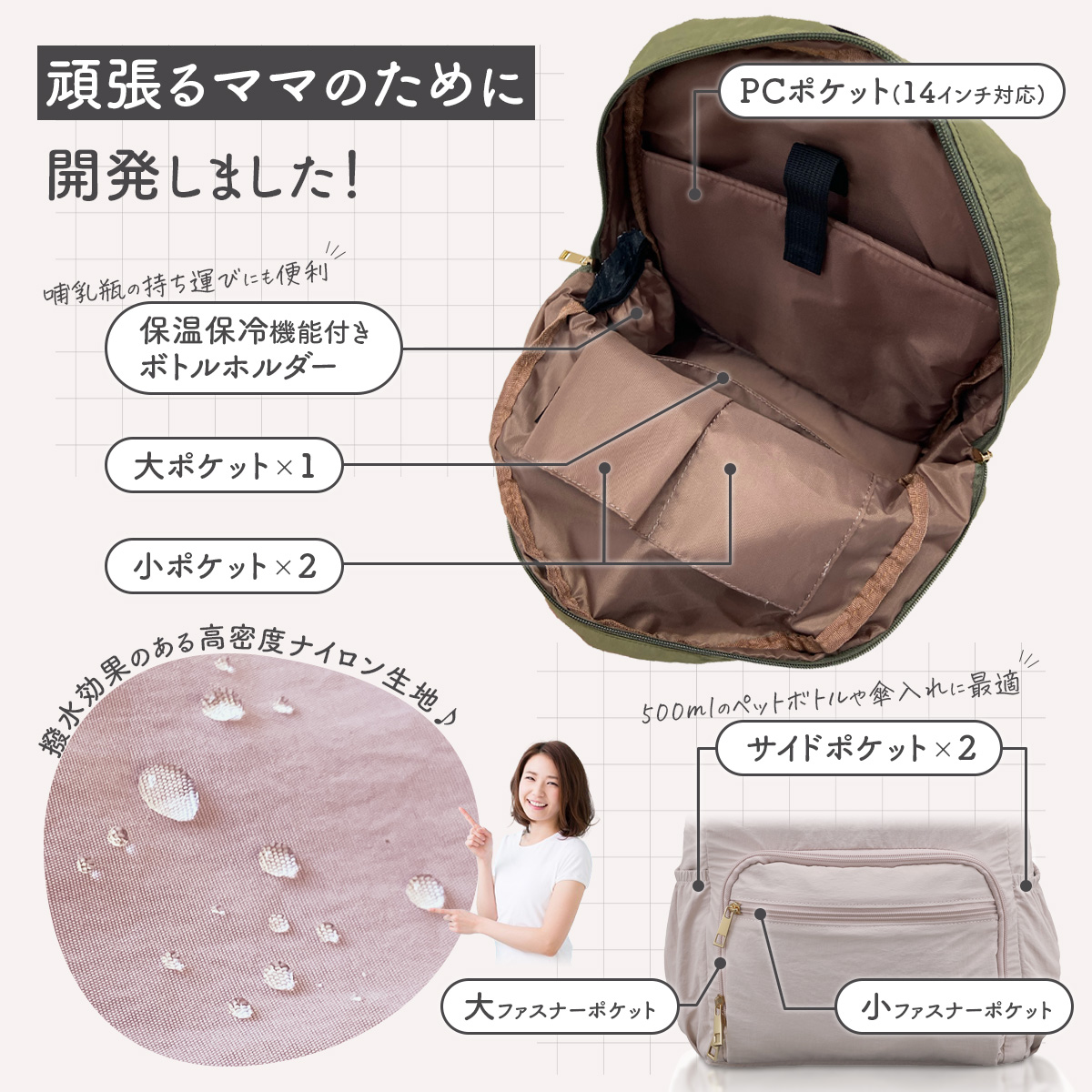 Annekor マザーズリュック 軽量 大容量 多機能 小さめ マザーズ