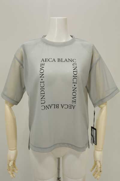 春夏SALE【アエカブラン/1752051/40%OFF】ポリエステルシアー丸首スクエアAECA BLANCロゴプリントブラウス５分袖/sps/9i51b703xx