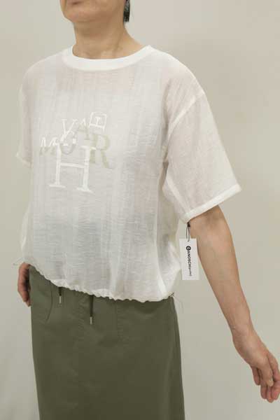 春夏値下げ【ガノッシュ/259-93301/30%OFF】テンセル綿麻シアーワッシャーリブ丸首ブラウスデザインロゴプリント５分袖＋裾ドロスト/Ganosch/sps/9i51b291xx