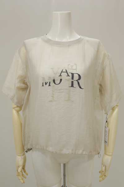 春夏値下げ【ガノッシュ/259-93301/30%OFF】テンセル綿麻シアーワッシャーリブ丸首ブラウスデザインロゴプリント５分袖＋裾ドロスト/Ganosch/sps/9i51b291xx