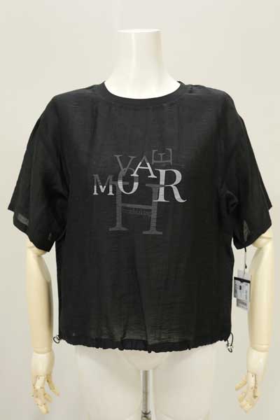 春夏値下げ【ガノッシュ/259-93301/30%OFF】テンセル綿麻シアーワッシャーリブ丸首ブラウスデザインロゴプリント５分袖＋裾ドロスト/Ganosch/sps/9i51b291xx