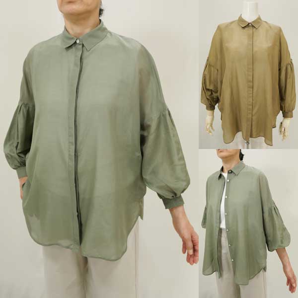 春夏値下げ【ローブ/パシオーネ/526933/30%OFF】綿絹シアーローン比翼リラックスシャツドロップ袖山タック袖口ゴム８分袖コクーンロング丈シャツ/sps/9i52b771xx