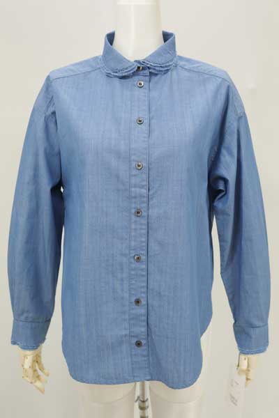 春夏値下げ【イリゼ/年間物/T7008/30%OFF】ギザコットンシャンブレー衿・カフス端３重ほぐしフリル丸衿シャツブラウス/irise/sps/9i52b601xx irise 春夏値下げ【イリゼ/年間物/T7008/30%OFF】ギザコットン