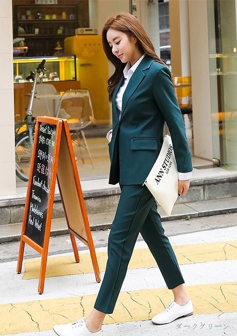 パンツスーツ S-XL 黒 グリーン レディース キレカジ きれいめ 長袖
