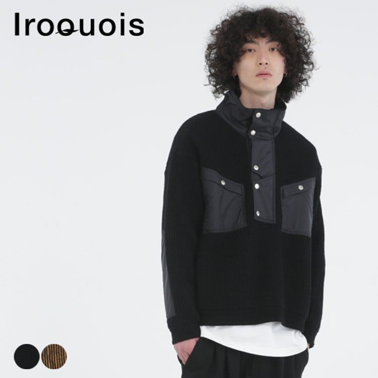 Iroquois イロコイ ブランド ハーフジップ ニット メンズ 異素材 タックボーダー コンビ プルオーバー セーター トップス｜anothernumber