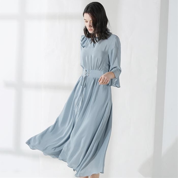 レディース シルク ワンピース フリル 華やか 揺れる 春カラー Op マキシ丈 ７部袖 上品 シルク100 ２色展開 すべての商品 Violon