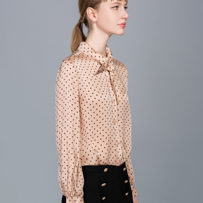 Spring Silk Shirt レディース シルク ドット シャツ ブラウス 結び衿 チューリップ リボンデザイン レトロ 上質 高級感 無地 シルク100 通勤 長袖シャツ １色展開 すべての商品 Violon