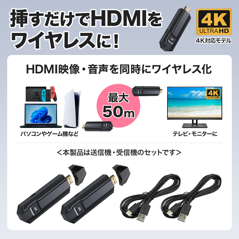 HDMI ワイヤレス 4K 150m 無線 長い ケーブル代わりに！ Amazon | ワイヤレスHDMI 送受信機 4K 150M安定転送距離 HDMI