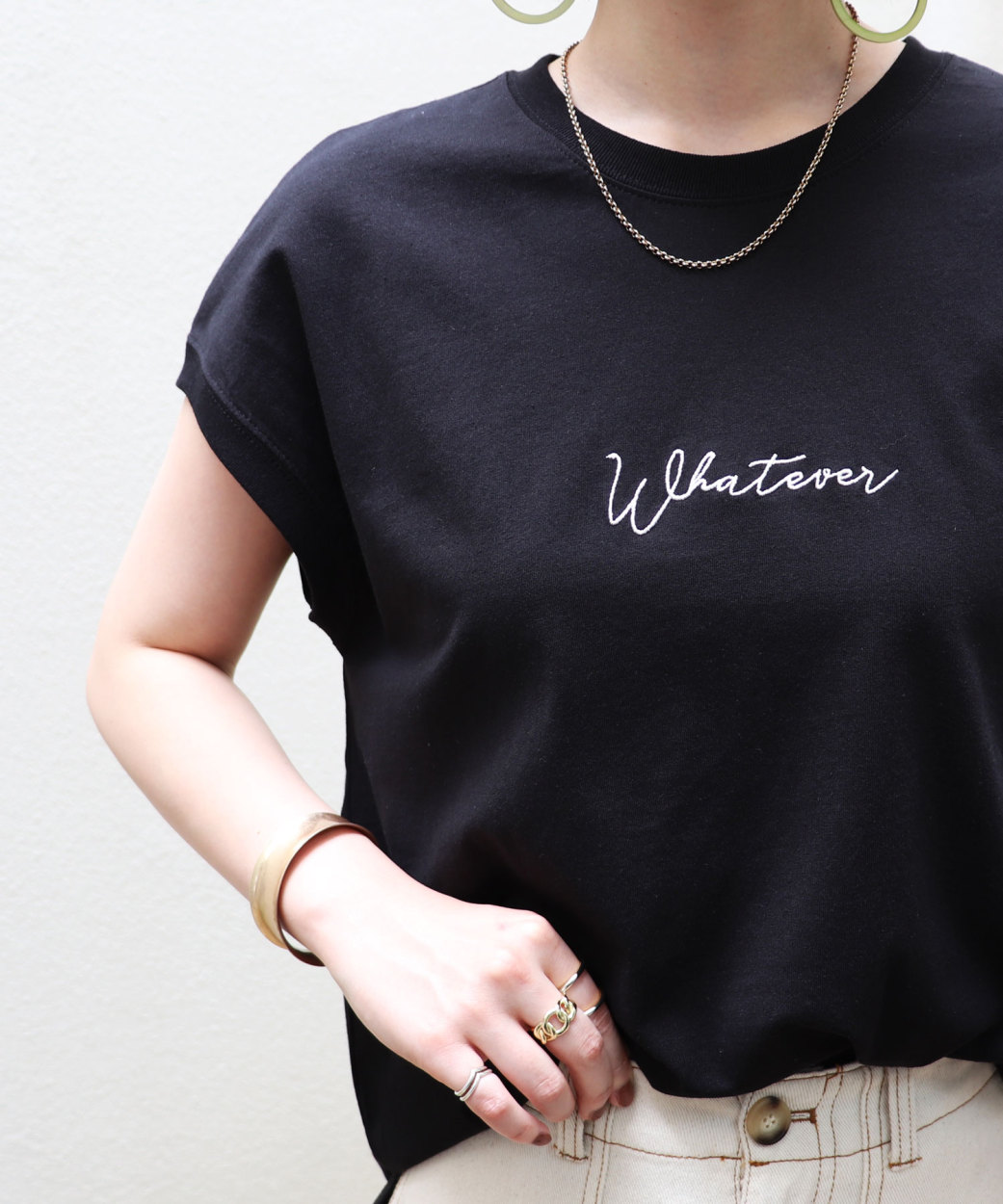 コットン天竺 Whatever ロゴ 刺繍 フレンチスリーブ Tシャツ レディース スリット オーバーサイズ ラウンドヘム 春 夏 秋 送料無料 メール便対応B