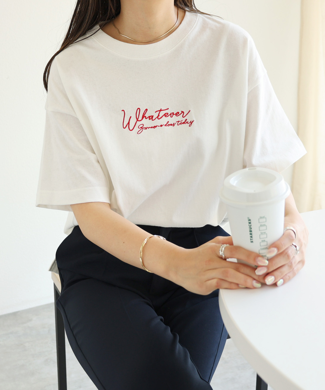 コットン天竺 ロゴ刺繍 半袖 Tシャツ レディース クルーネック サイド