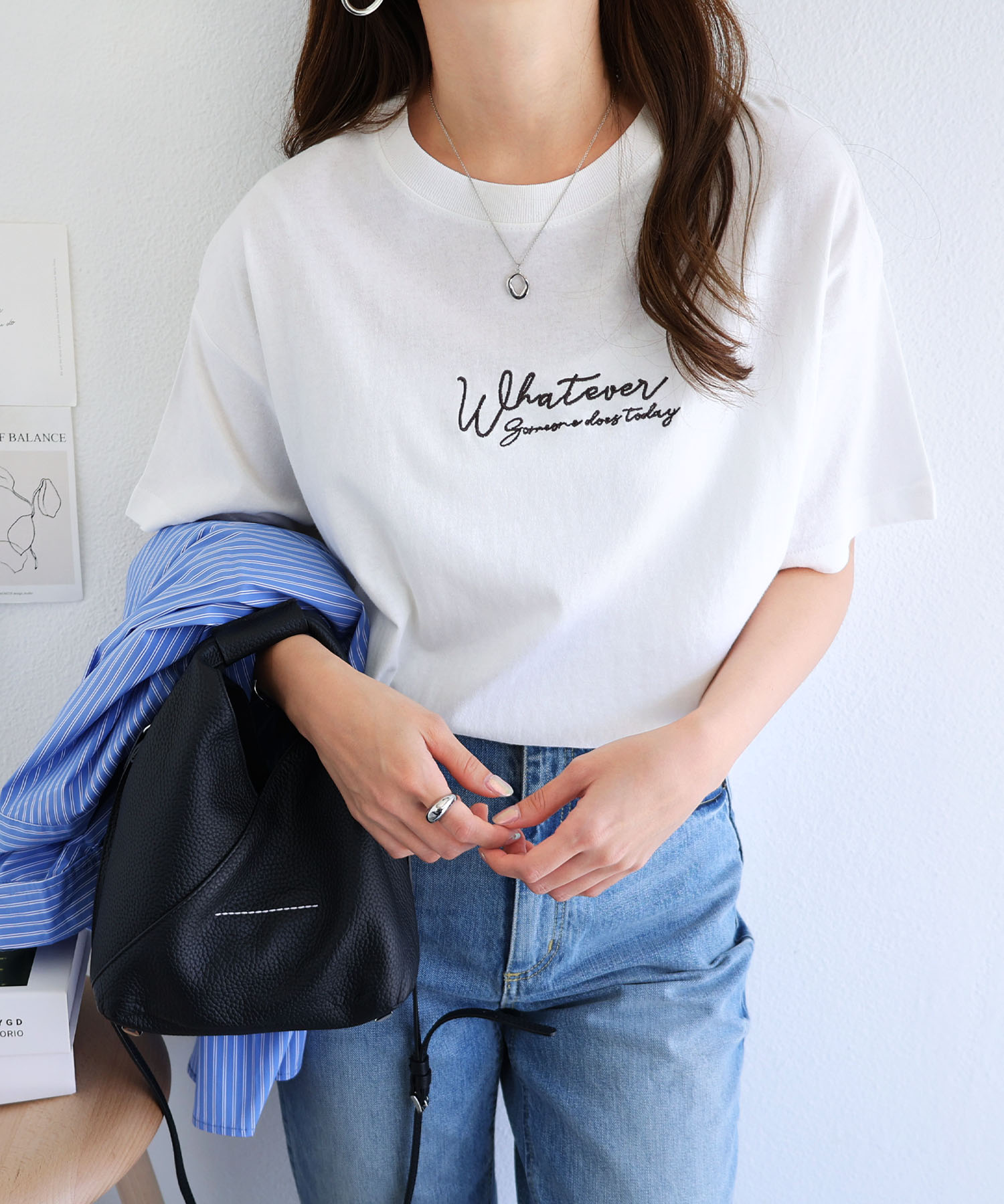 コットン天竺 ロゴ刺繍 半袖 Tシャツ レディース クルーネック サイド