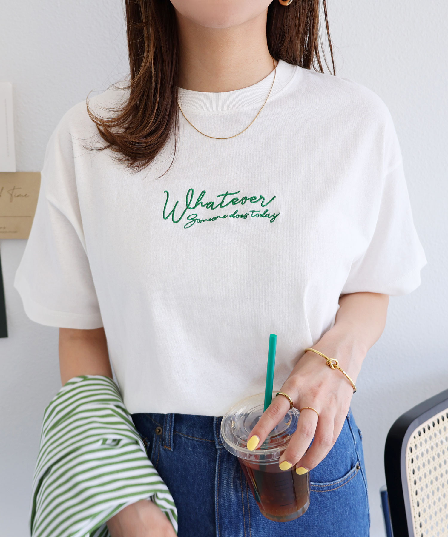 コットン天竺 ロゴ刺繍 半袖 Tシャツ レディース クルーネック サイド