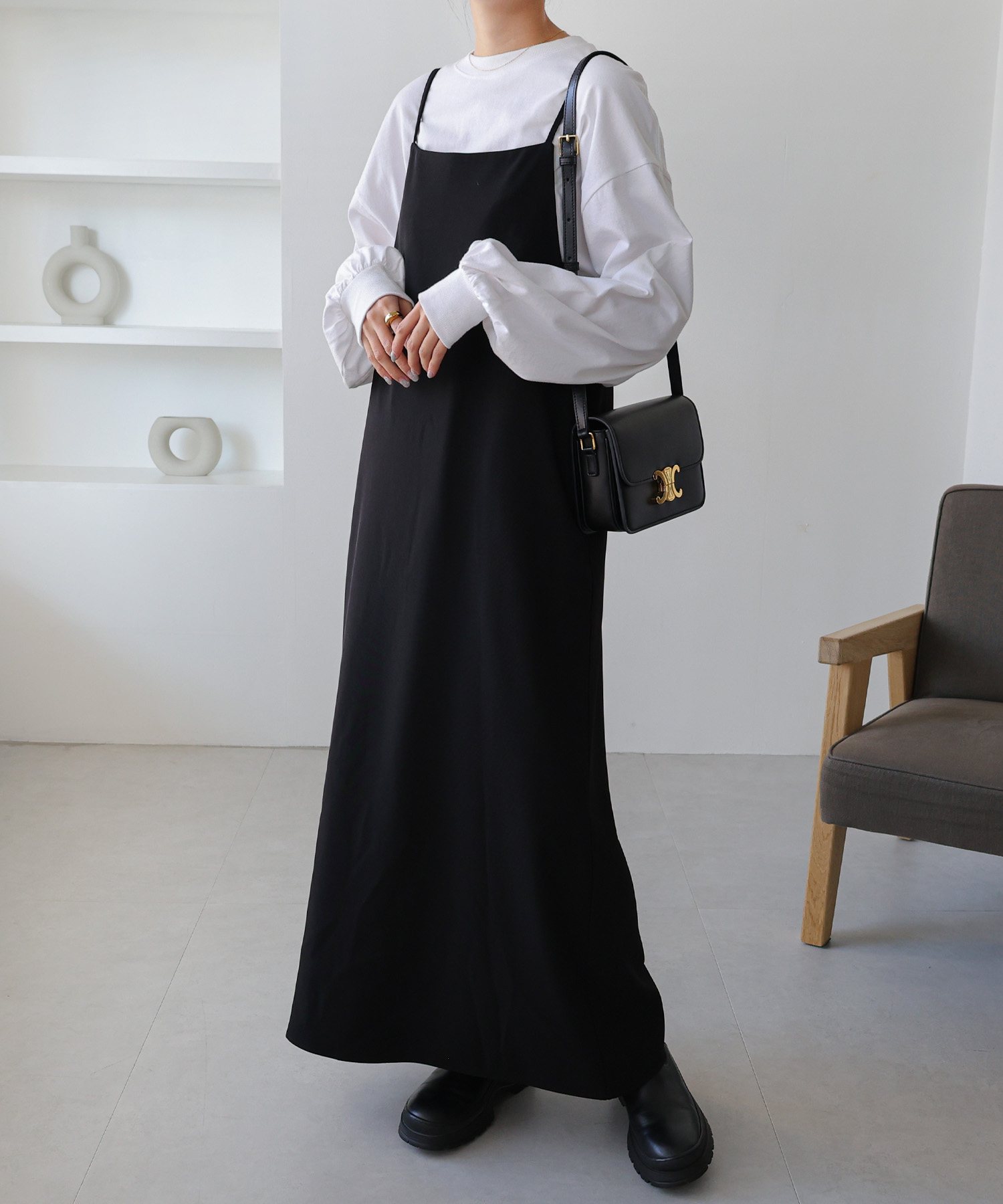 とろみ ストレート Iライン キャミ ワンピース レディース スクエアネック サイドポケット S/M...