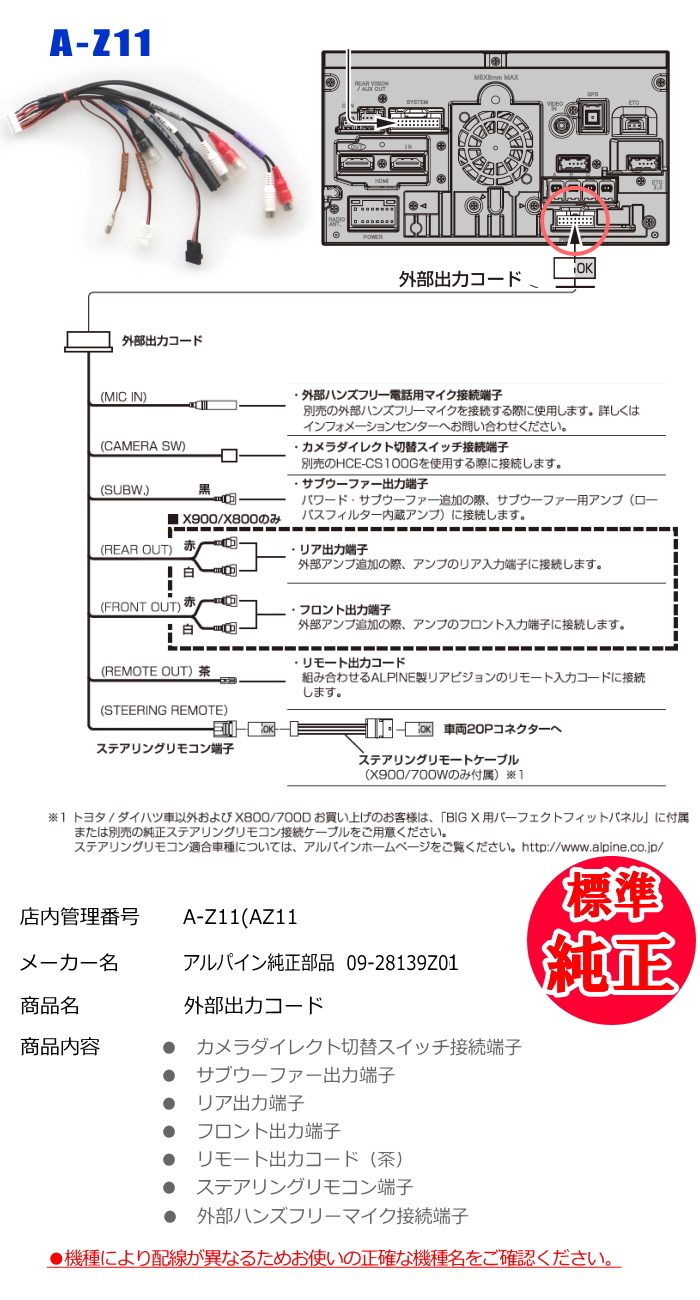 ALPINE（アルパイン） X800 / X900 純正部品 音声・サブウーファー