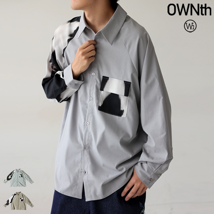 墨汁柄 ポケット付 ユニセックス シャツ 長袖 切替 送料無料・メール便不可 秋新作 antiqua（アンティカ） 墨汁柄 ポケット付 ユニセックス シャツ 長袖