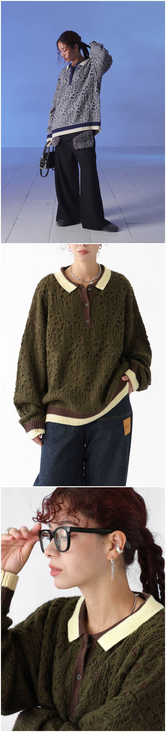 antiqua（アンティカ） 透かし編みレイヤードポロニット ユニセックス