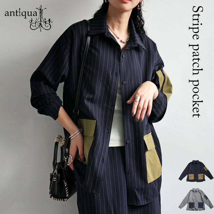 antiqua（アンティカ） ストライプ柄 ポケットシャツ シャツ