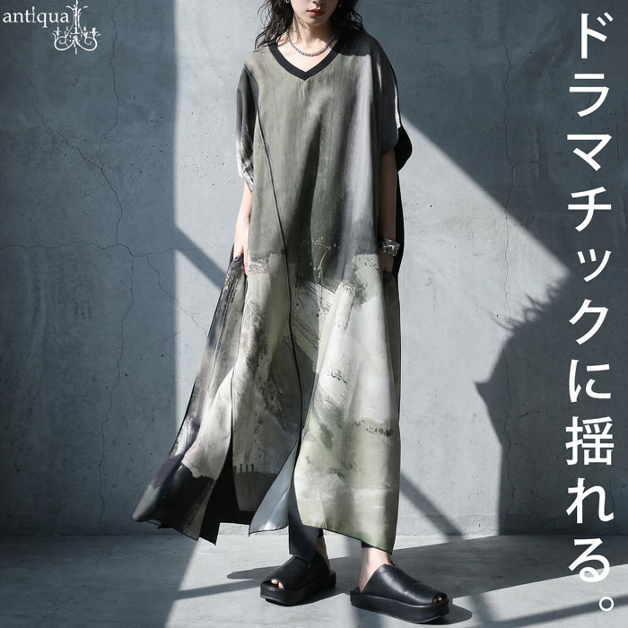 antiqua（アンティカ） アート柄 切替 ワンピース レディース Vネック