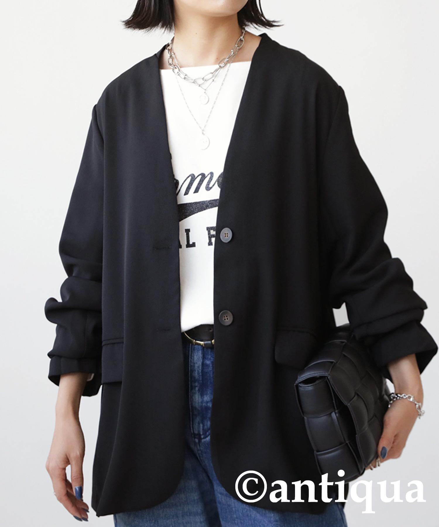 C*a様 todayfulジャケット長袖新品未使用タグ付きノーカラーネイビー antiqua（アンティカ） ノーカラージャケット ジャケット レディース
