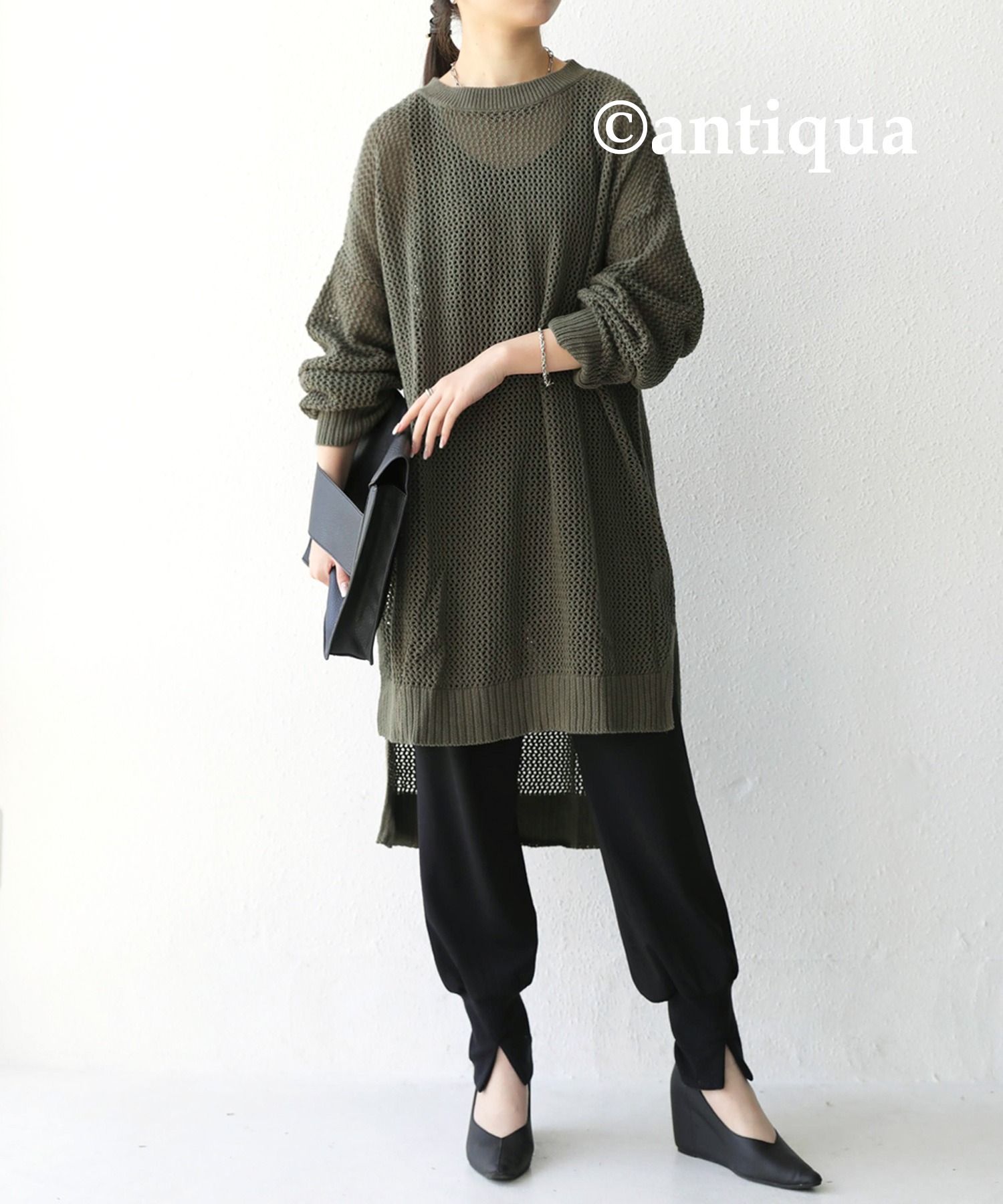 antiqua 透かし編みロングニット ニット レディース トップス