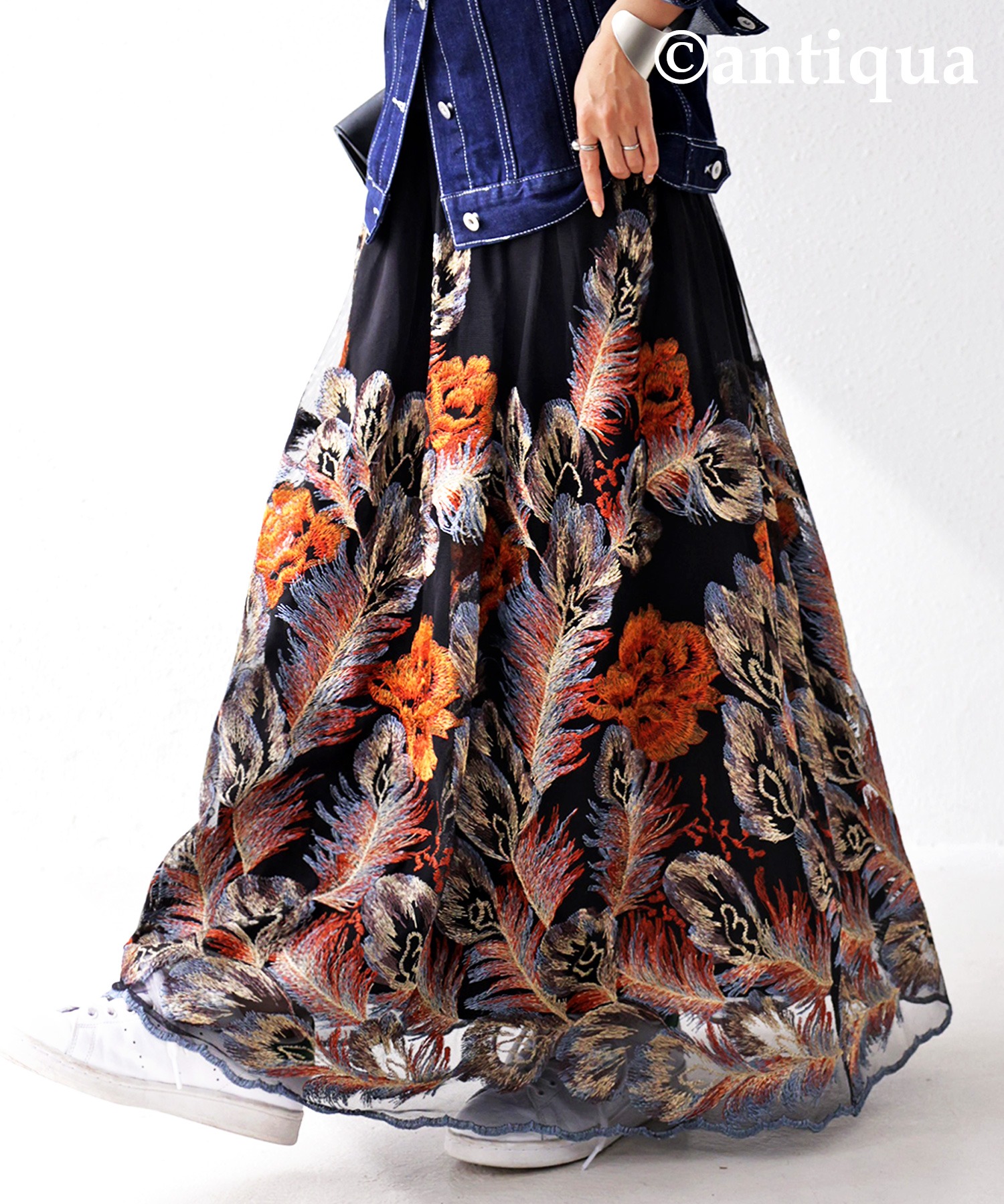 ジャガード風 刺繍チュールスカート スカート ロング 送料無料・5月4日10時〜再再販。メール便不可
