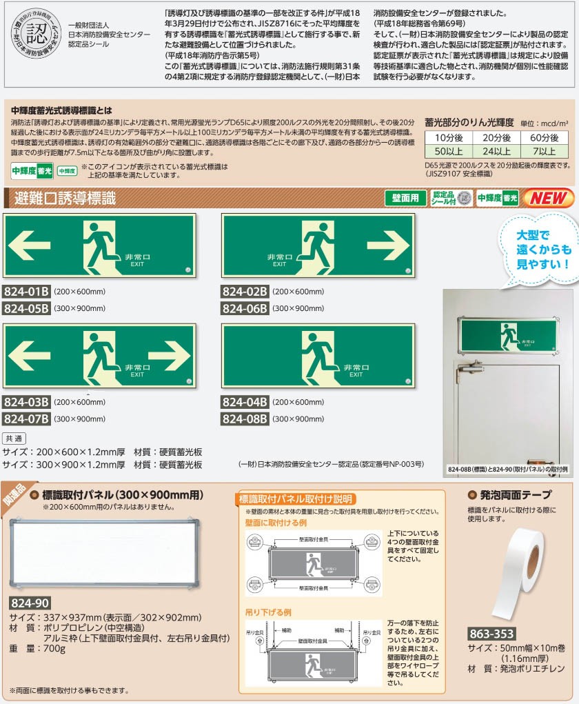 824-07B 避難口誘導蓄光標識 300×900mm (メーカー直送/代引き決済不可