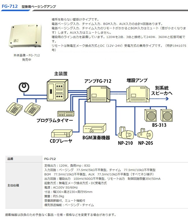 ノボル電機 壁掛用 電話ページングアンプ (120W)FG-712 (メーカー直送