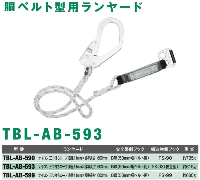 ツヨロン 胴ベルト型安全帯用ランヤード ロープ式 TBL-AB-599